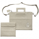 Faux Leather Tallit and Tefillin Bag Set, Silver My Fire Motif of Breslev - White