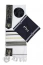 Ateret Acrylic Tallit Set, Menorah Motif and Bible Words - Black and Gold Stripes