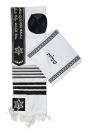 Ateret Acrylic Tallit Set, Black and Gold Stripes, Star of David & Menorah Motif